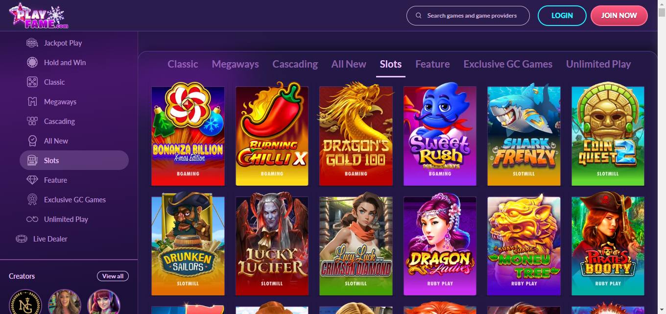 A screenshot of PlayFame Casino's games section.