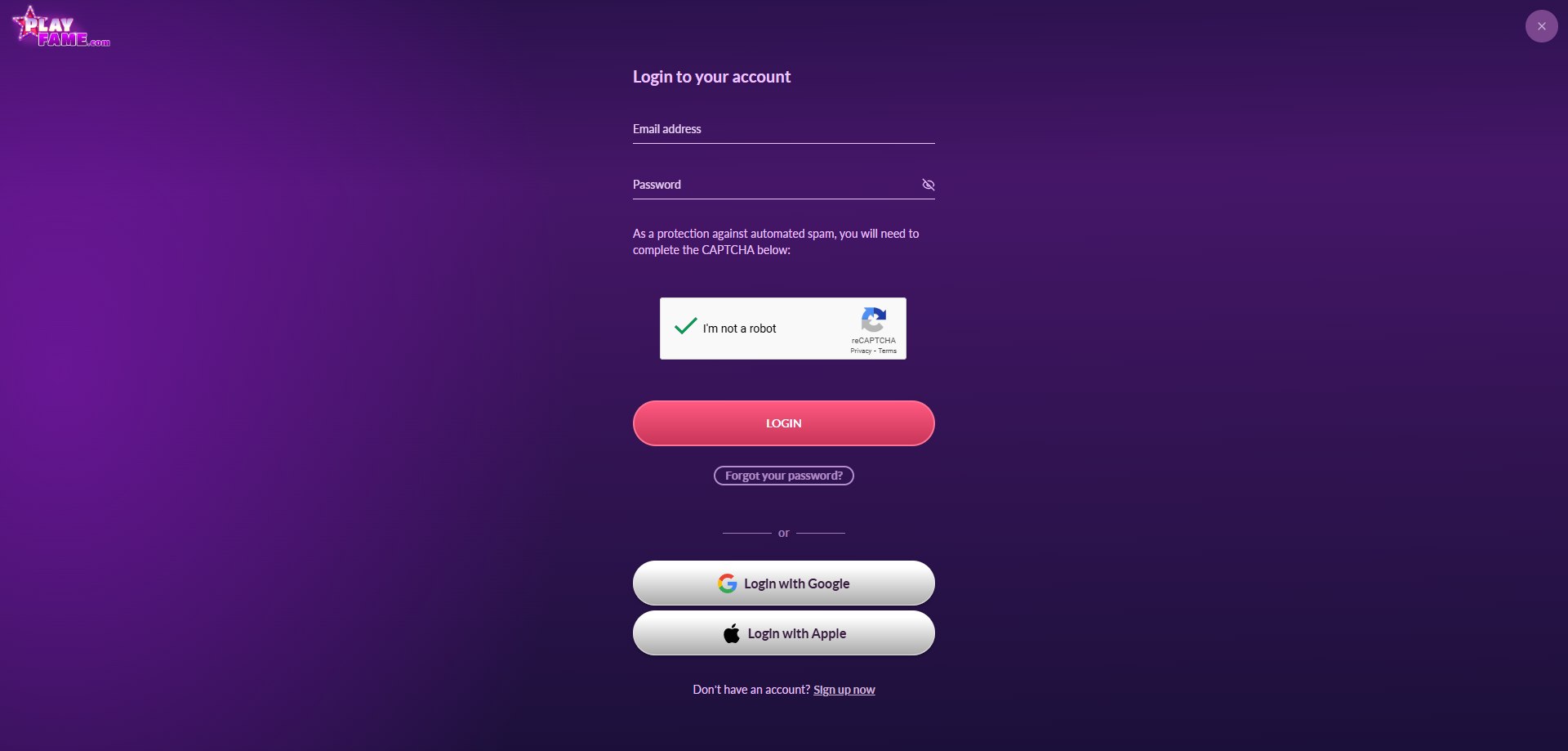 A screenshot of PlayFame Casino's login field