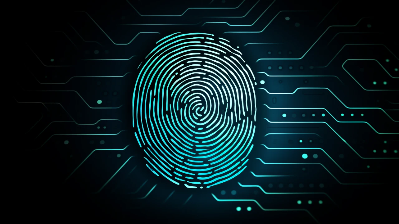 A glowing digital fingerprint in blue and white hues is centered against a dark background.