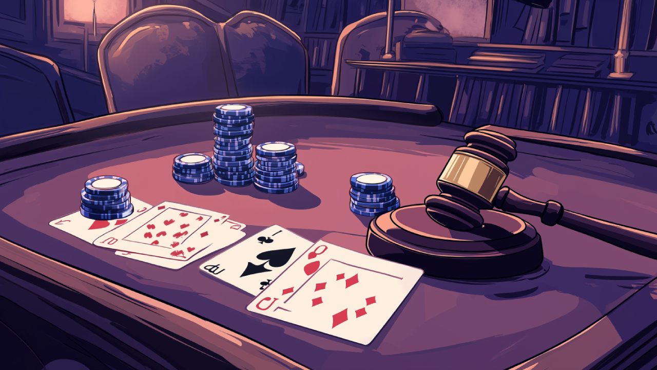 A cartoonized image of casino chips, playing cards, and a gavel.