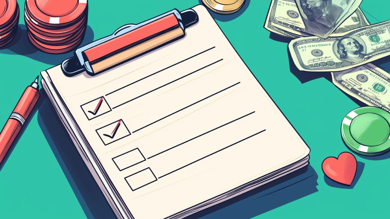 Cartoon image of checklist with dollar bills and casino chips beside it.