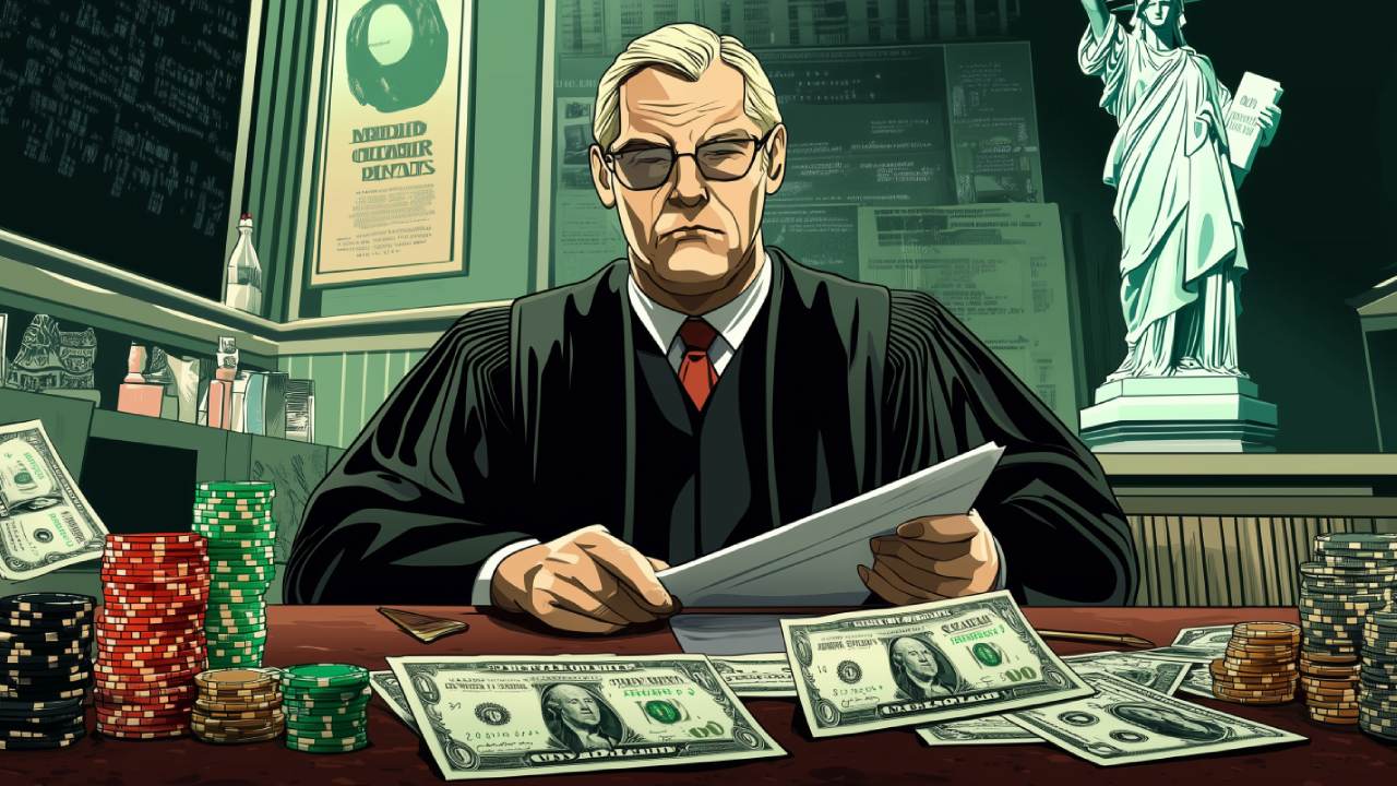 Cartoon image of a judge holding papers with casino chips and dollar bills on the table, and a statue of liberty in the background.