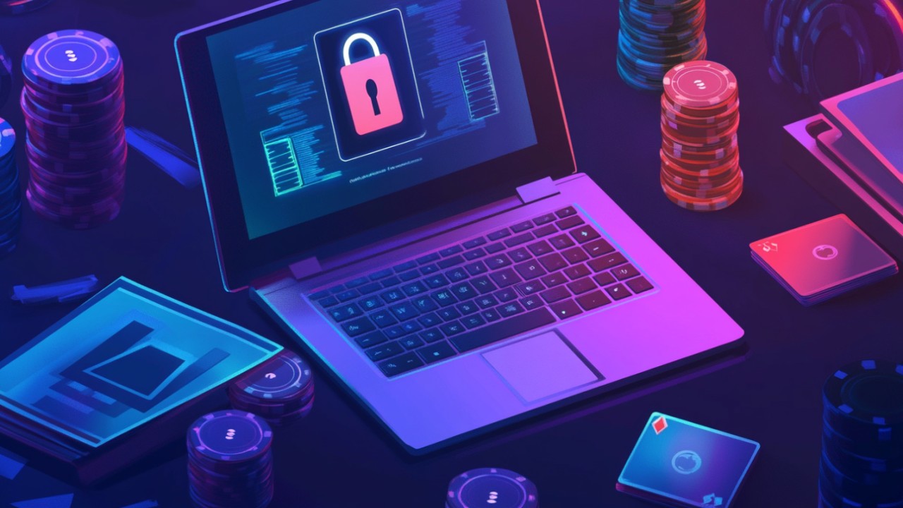 A laptop with casino chips and cards laying around it.