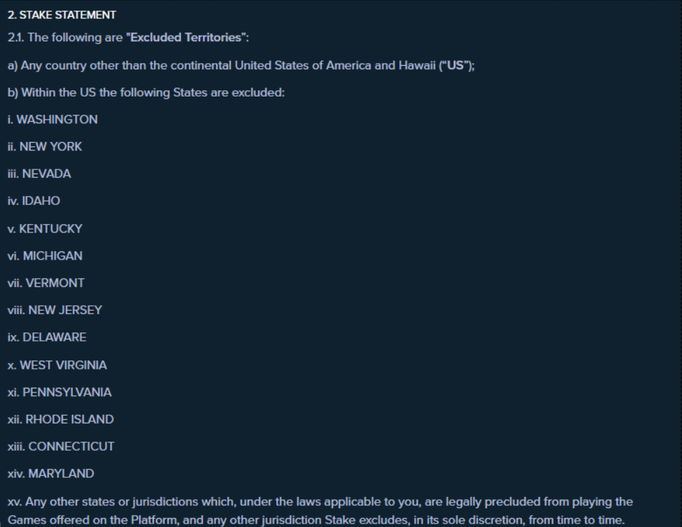 A screenshot of Stake.us casino's policy terms.
