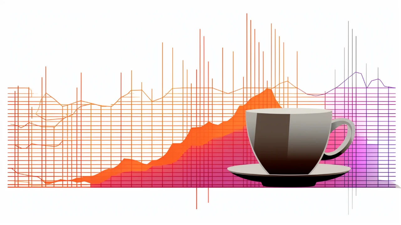 Coffee cup overlaid on a stylized growth chart of sweepstakes cafés