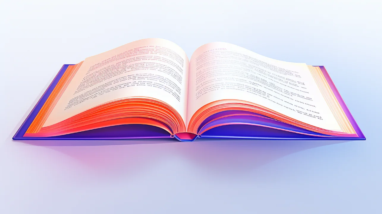 Glossy open book with vibrant orange and purple pages.