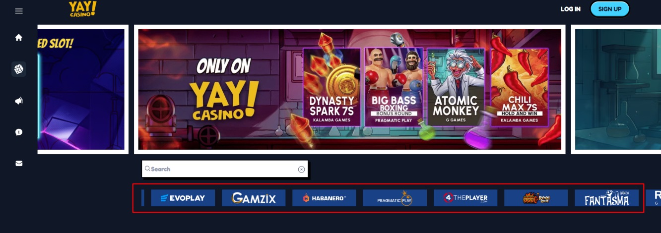 A screenshot of Yay Casino's software providers.
