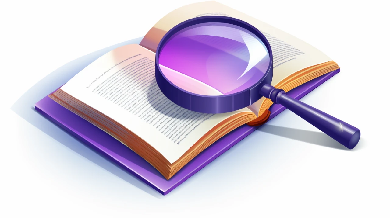 A magnifying glass placed on an open book, symbolizing close examination and verification.