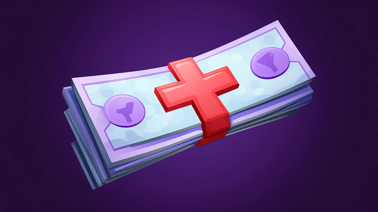 Stack of cartoon-style purple cash held together by a red cross band.
