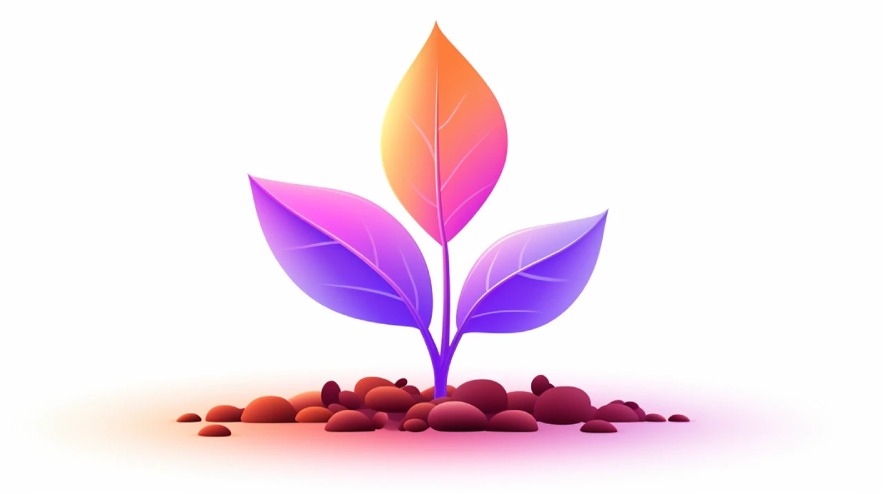 Colorful seedling with three vibrant leaves growing from rich soil, symbolizing growth and new beginnings.