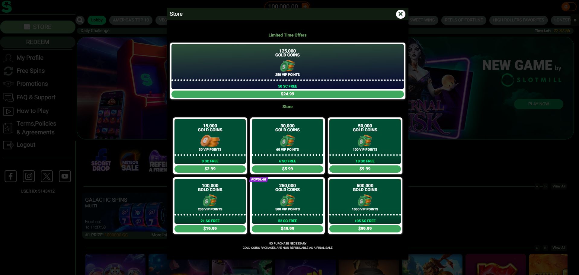 A screenshot of LoneStar Casino's coin store
