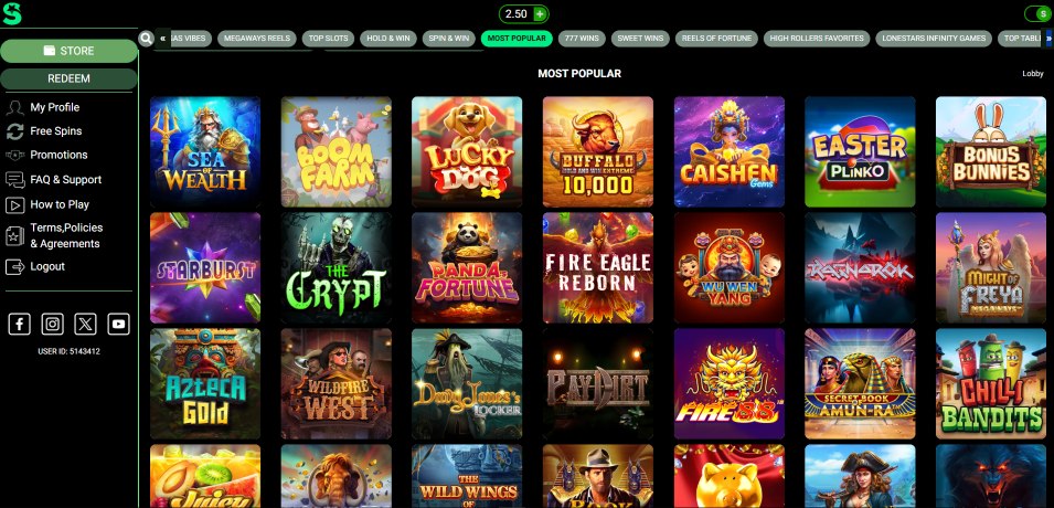A screenshot of LoneStar Casino's game selection