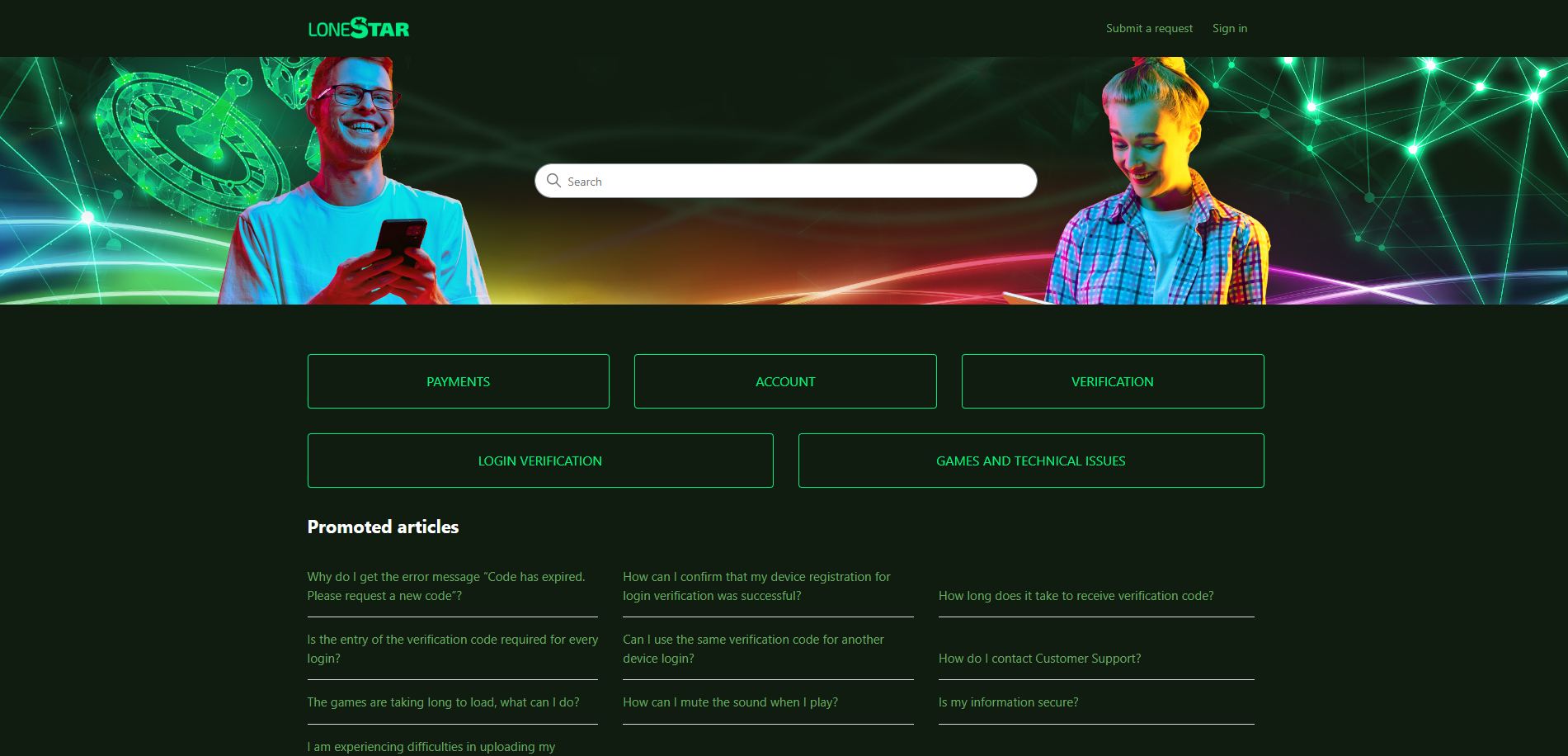 A screenshot of LoneStar Casino's help center page