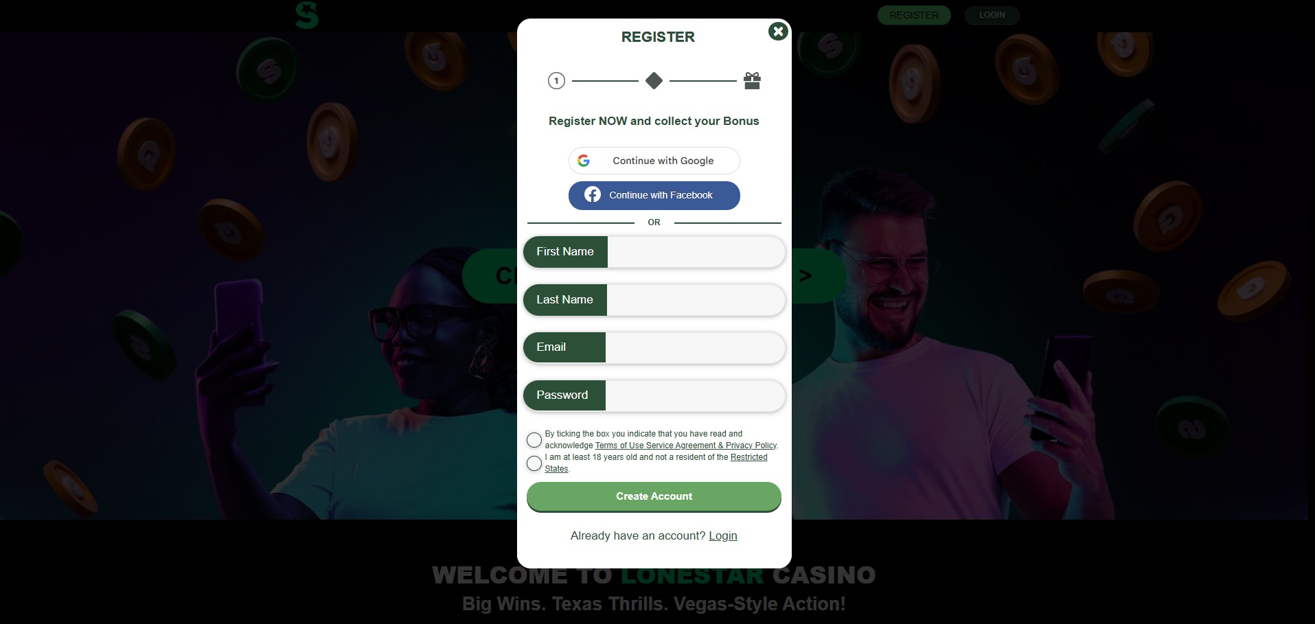 A screenshot of LoneStar Casino's registration field