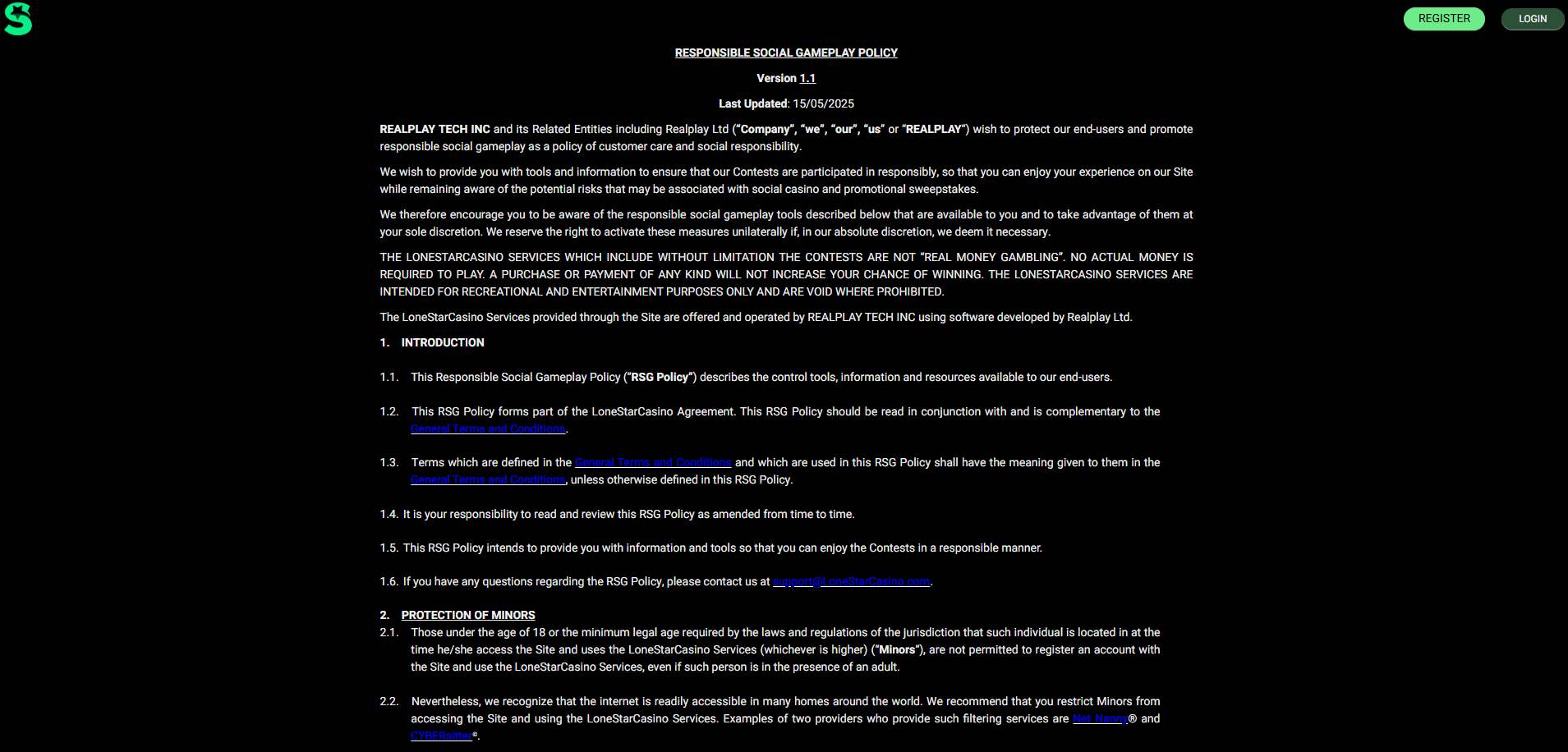 A screenshot of LoneStar Casino's responsible social gameplay page