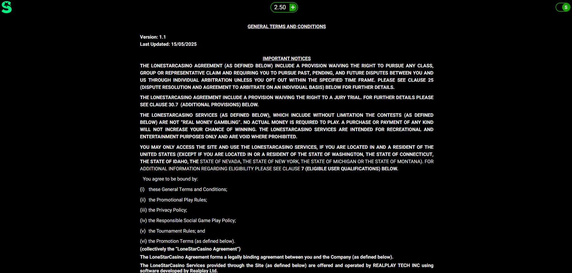 A screenshot of LoneStar Casino's terms and conditions page
