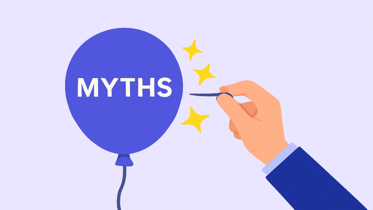 Illustration of a red balloon labeled “MYTHS” being popped by a hand with a pin.