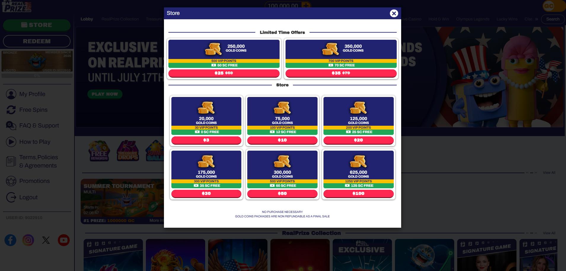 A screenshot of RealPrize Casino's coin store modal