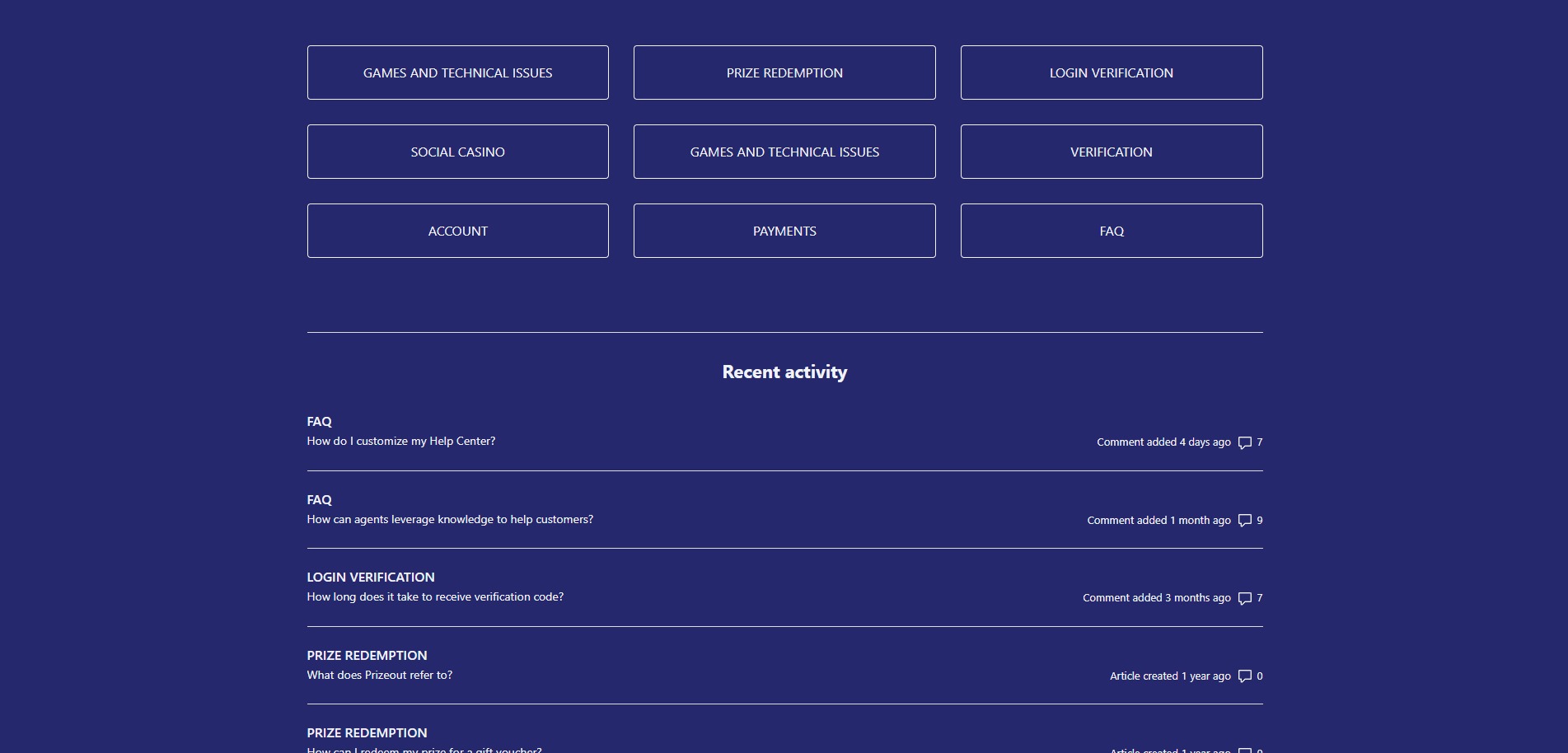 A screenshot of RealPrize Casino's customer support page and FAQs