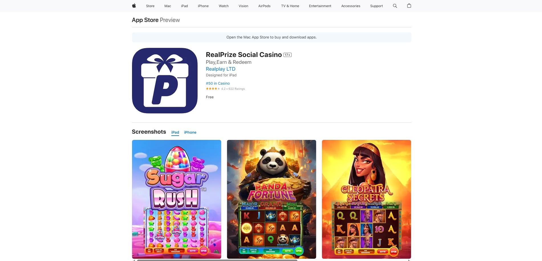 A screenshot of App Store download for RealPrize Casino app