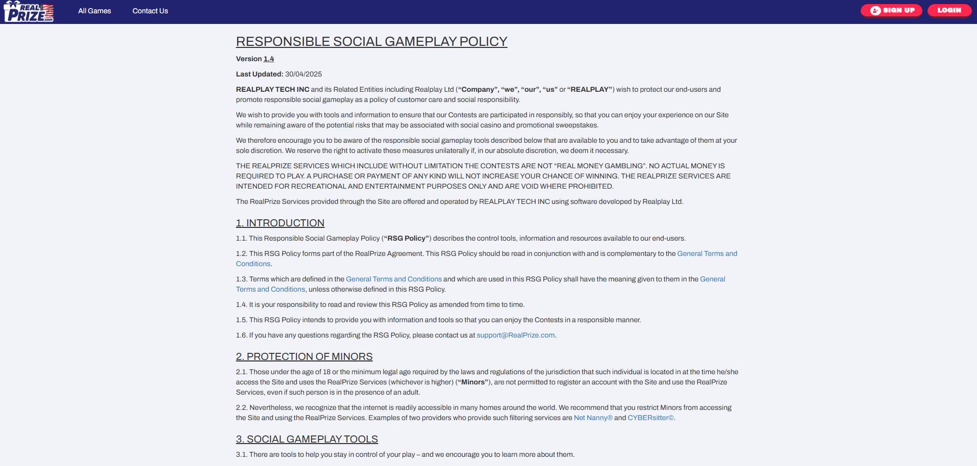A screenshot of RealPrize Casino's responsible gaming page