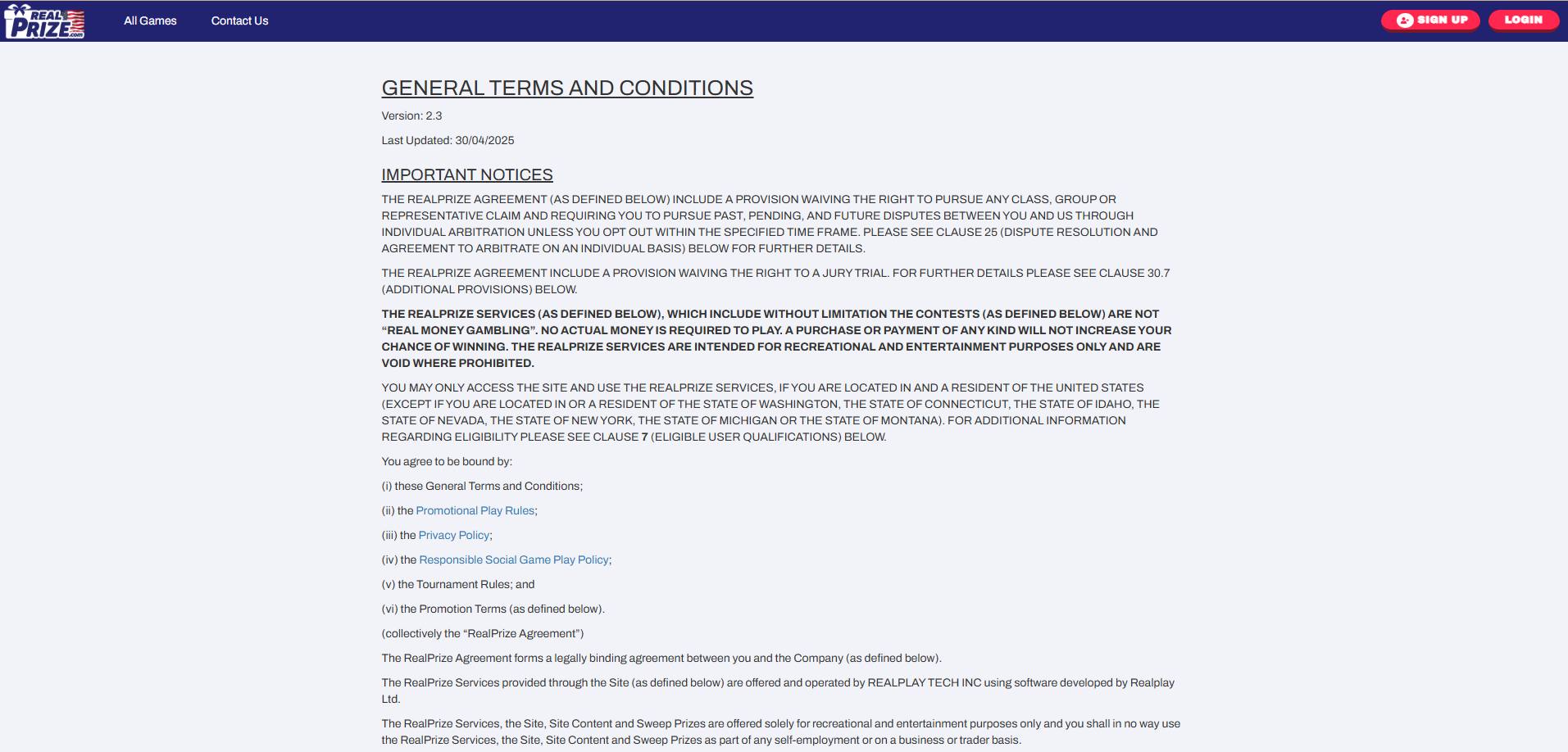 A screenshot of RealPrize Casino's terms and conditions page