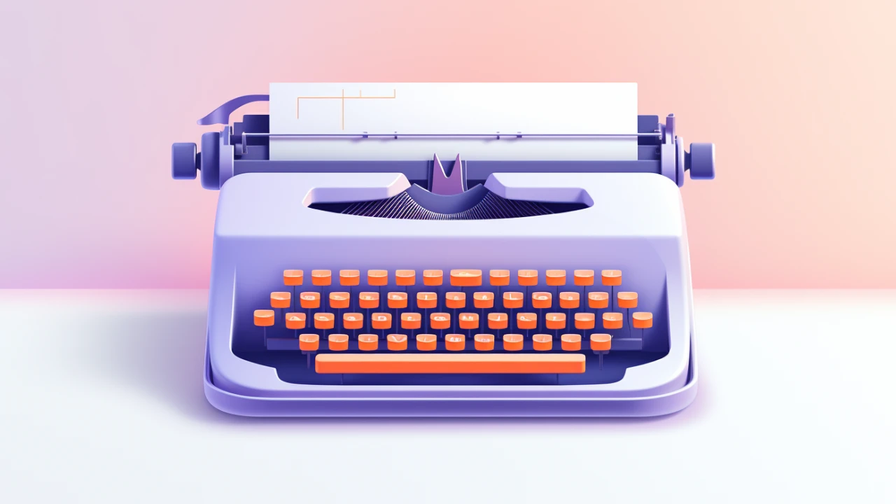 Stylized retro typewriter with orange keys and a sheet of paper, symbolizing writing and authorship.