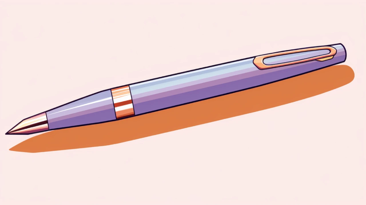 Illustration of a sleek, modern pen with metallic accents, casting a long shadow.