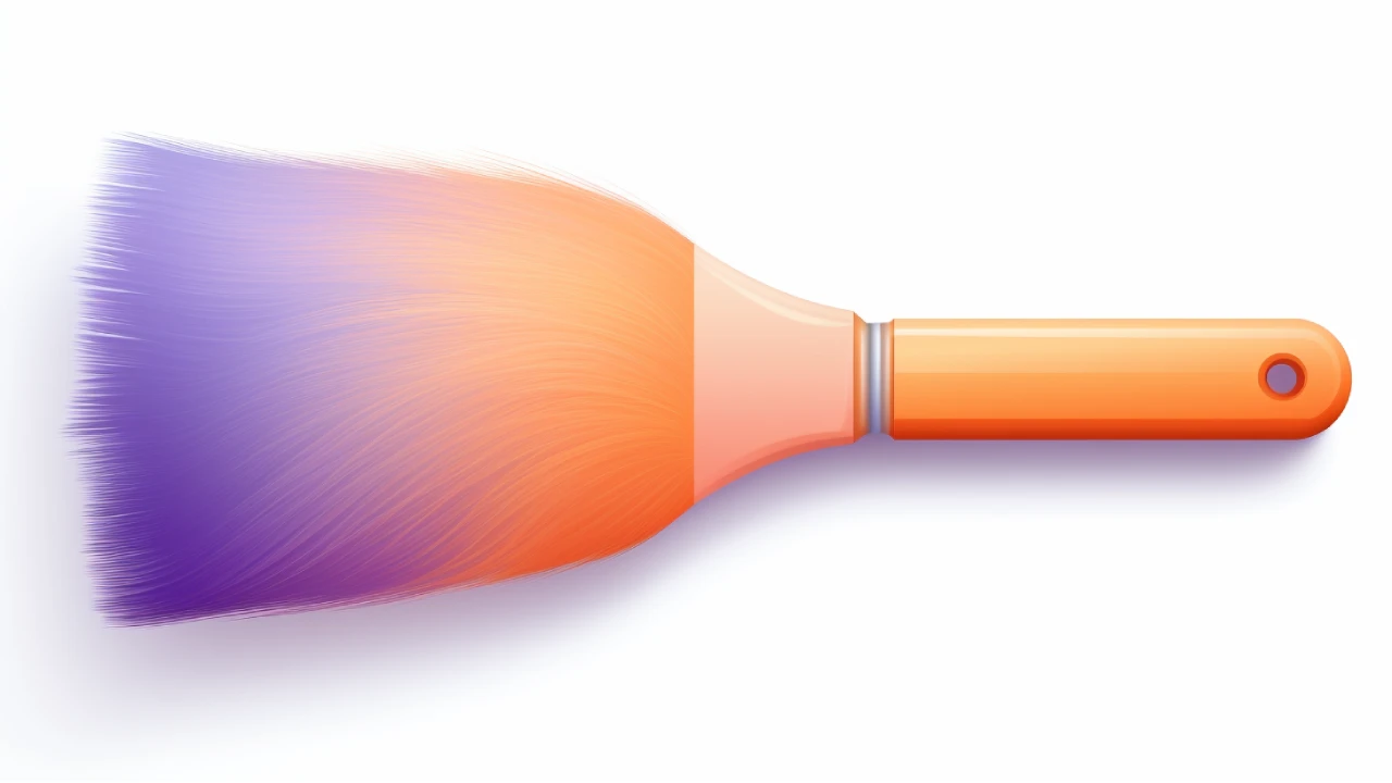 Colorful paintbrush with orange and purple bristles.