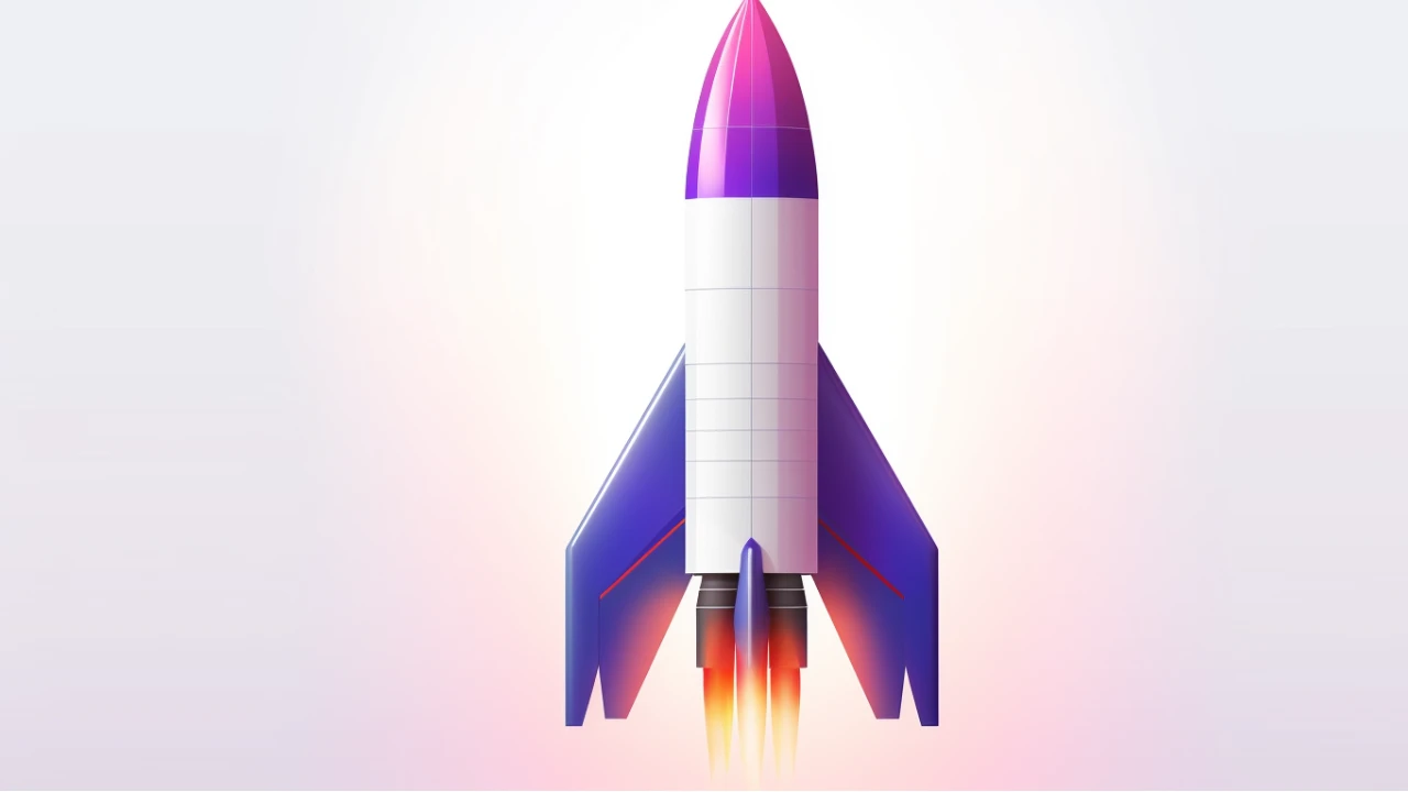 Stylized rocket launching upward with pink and purple gradient colors, symbolizing bold beginnings and momentum.