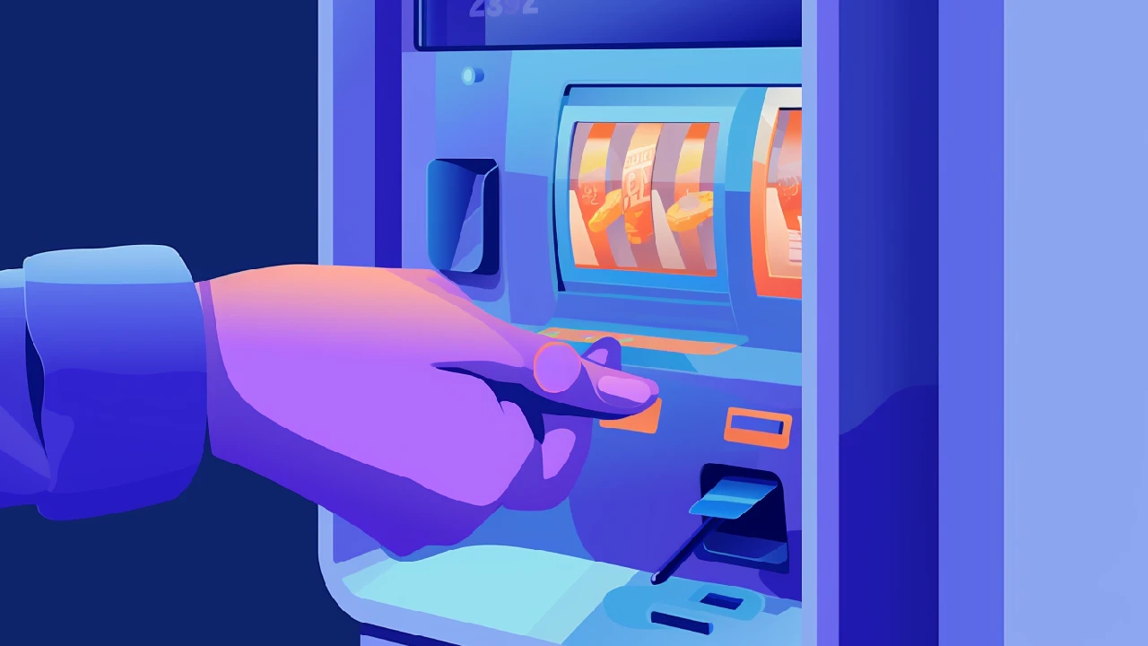 A hand inserting a coin into a modern slot machine with spinning reels, depicted in a colorful digital illustration.