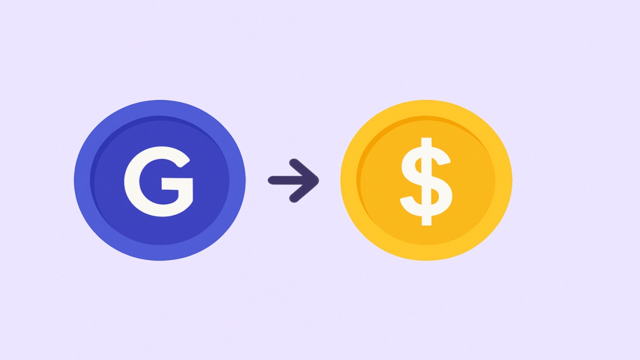 Modern flat-style illustration showing a blue “G” coin transforming into a golden dollar coin, representing the dual-currency system used in U.S. sweepstakes casinos