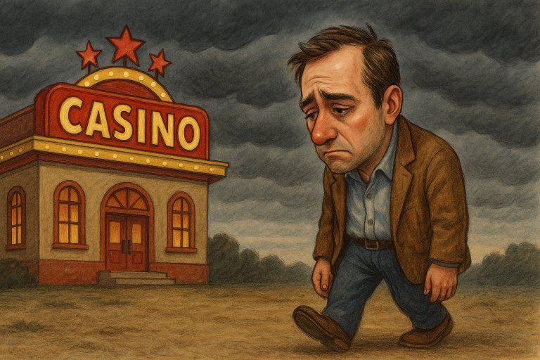 A cartonned image of a man walking away from a casino with dark clouds on the background
