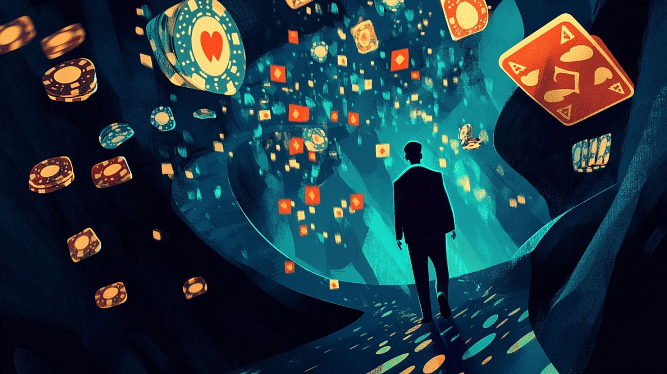 A man walking in the dark with floating cards and casino chips around.
