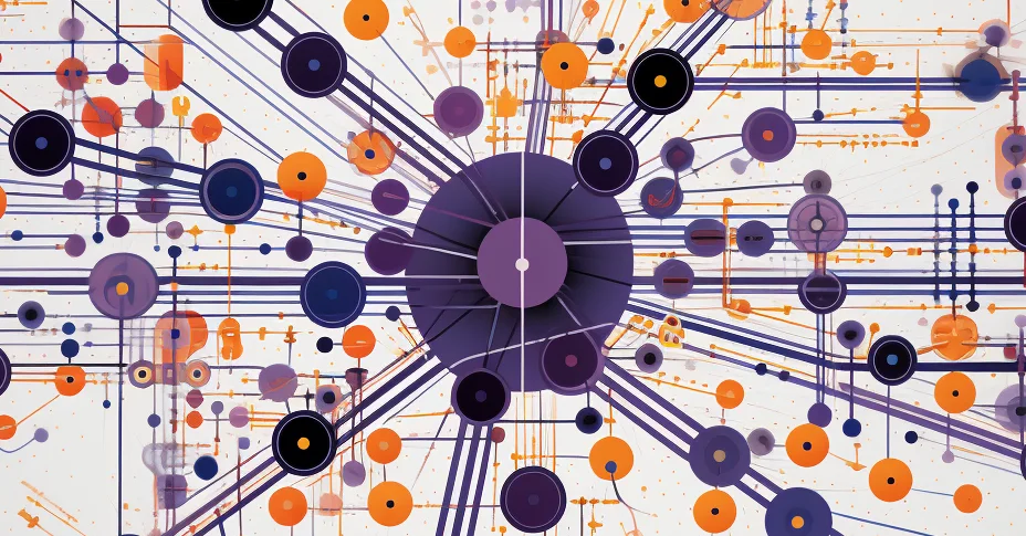 Abstract purple and orange network illustration showing interconnected nodes, symbolizing SweepCasinos’ all-in-one sweepstakes casino network.