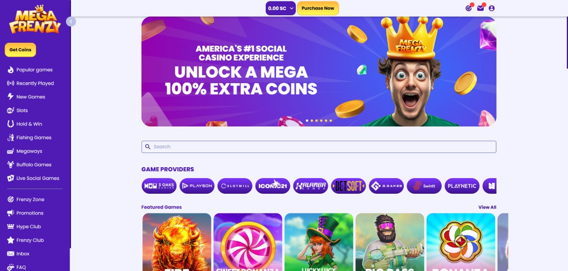 A screenshot of Mega Frenzy Casino's homepage