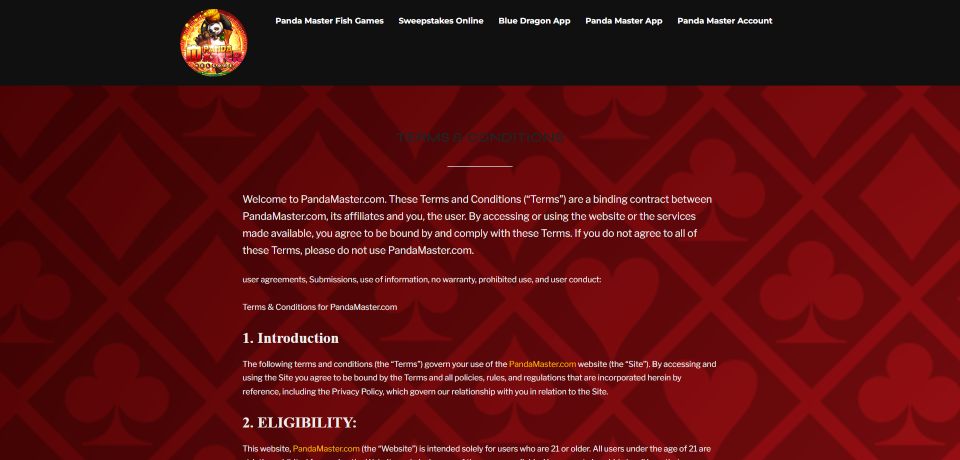 A screenshot of PandaMaster's terms and conditions page