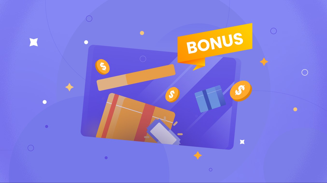 An illustration of gifts and tickets with floating coins and bonus
