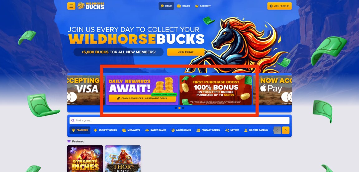 A screenshot of WIldhorse Bucks Casino's bonuses