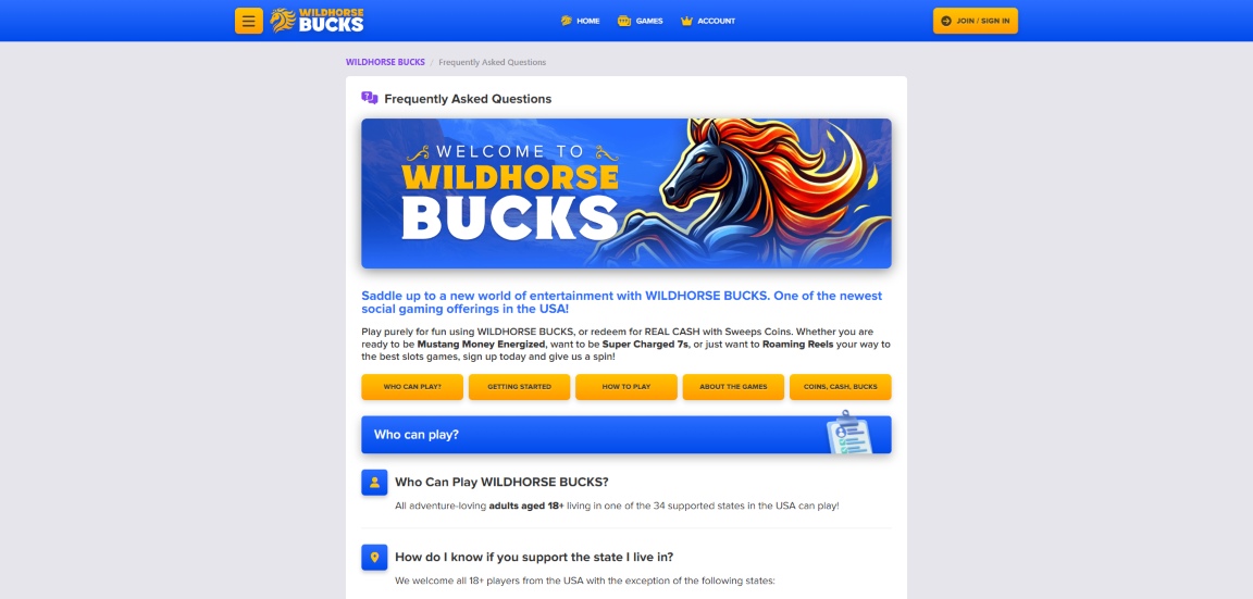 A screenshot of WIldhorse Bucks Casino's FAQ page