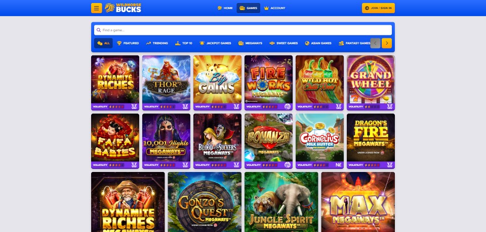 A screenshot of WIldhorse Bucks Casino's all games