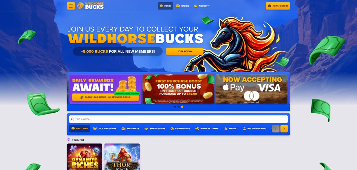 A screenshot of WIldhorse Bucks Casino's landing page