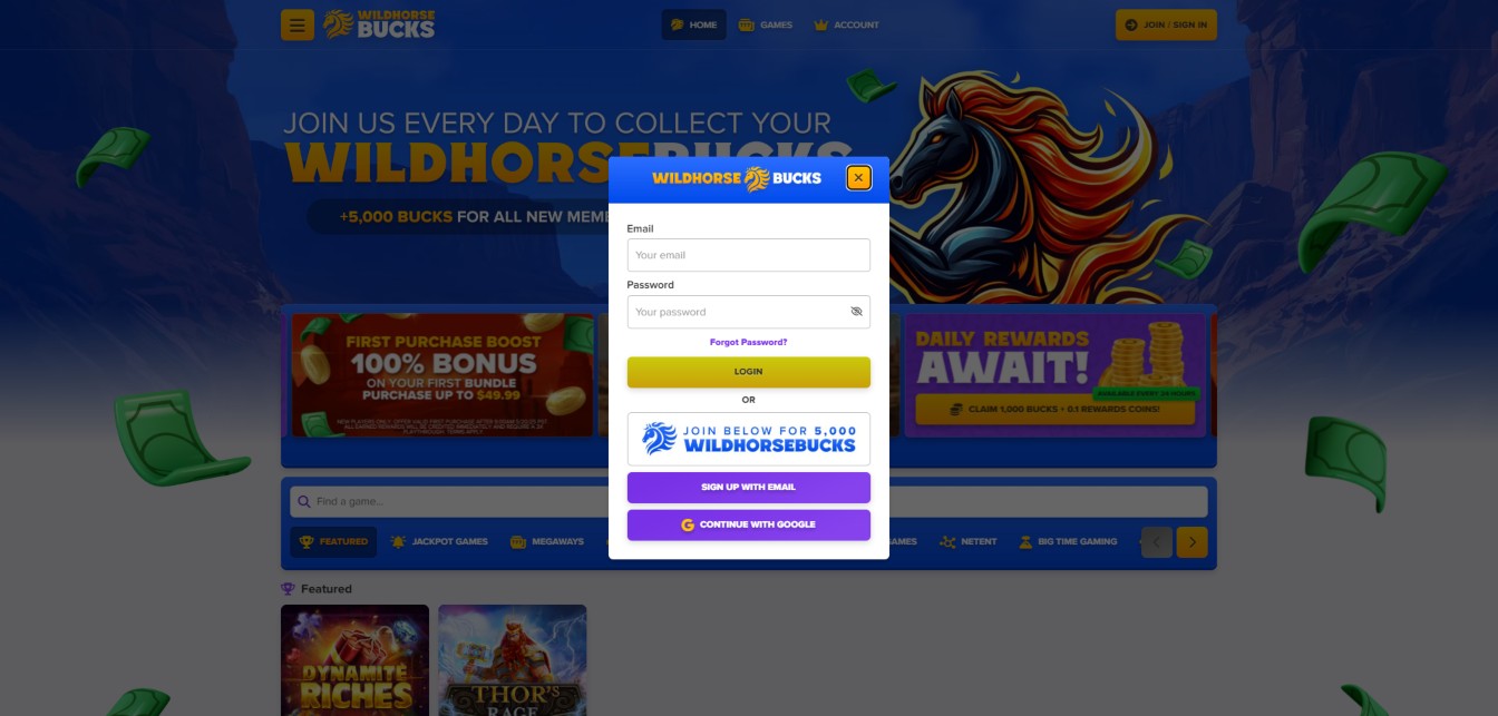 A screenshot of WIldhorse Bucks Casino's login field