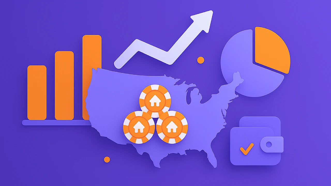 Illustration of a U.S. map with casino chips, bar and pie charts, and a wallet icon, representing a snapshot of the sweepstakes casino market in the United States.