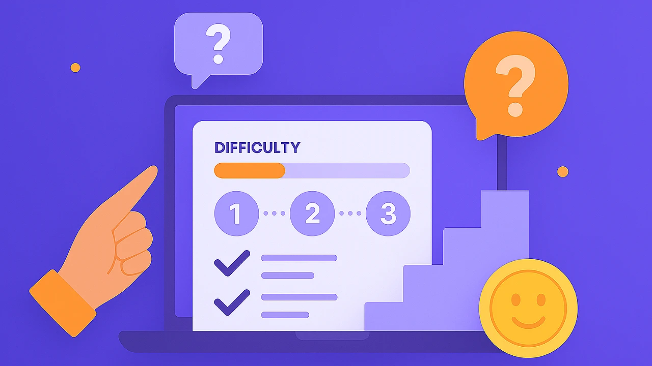 Illustration of a laptop screen showing a low difficulty level checklist with question marks and a smiling coin, symbolizing beginner-friendly online sweepstakes casinos.