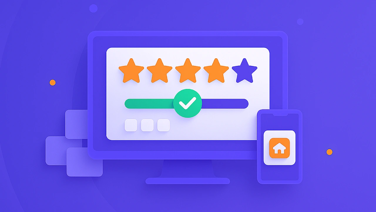 Illustration of a computer screen showing a five star review bar with a green checkmark and a smartphone beside it, representing sweepstakes casinos with the highest player review ratings.