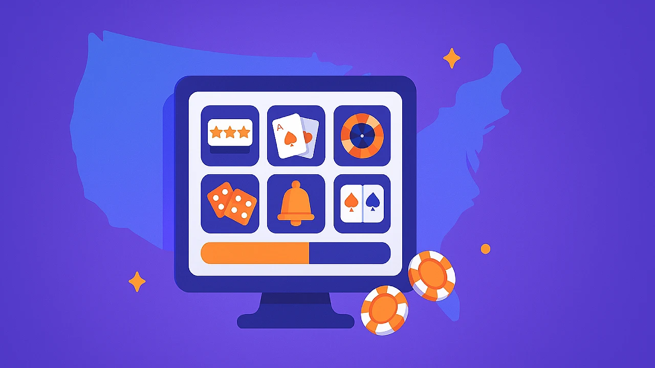 Illustration of a computer screen showing various casino game icons in front of a U.S. map, used for the section on the best U.S. sweepstakes casinos with the most games.