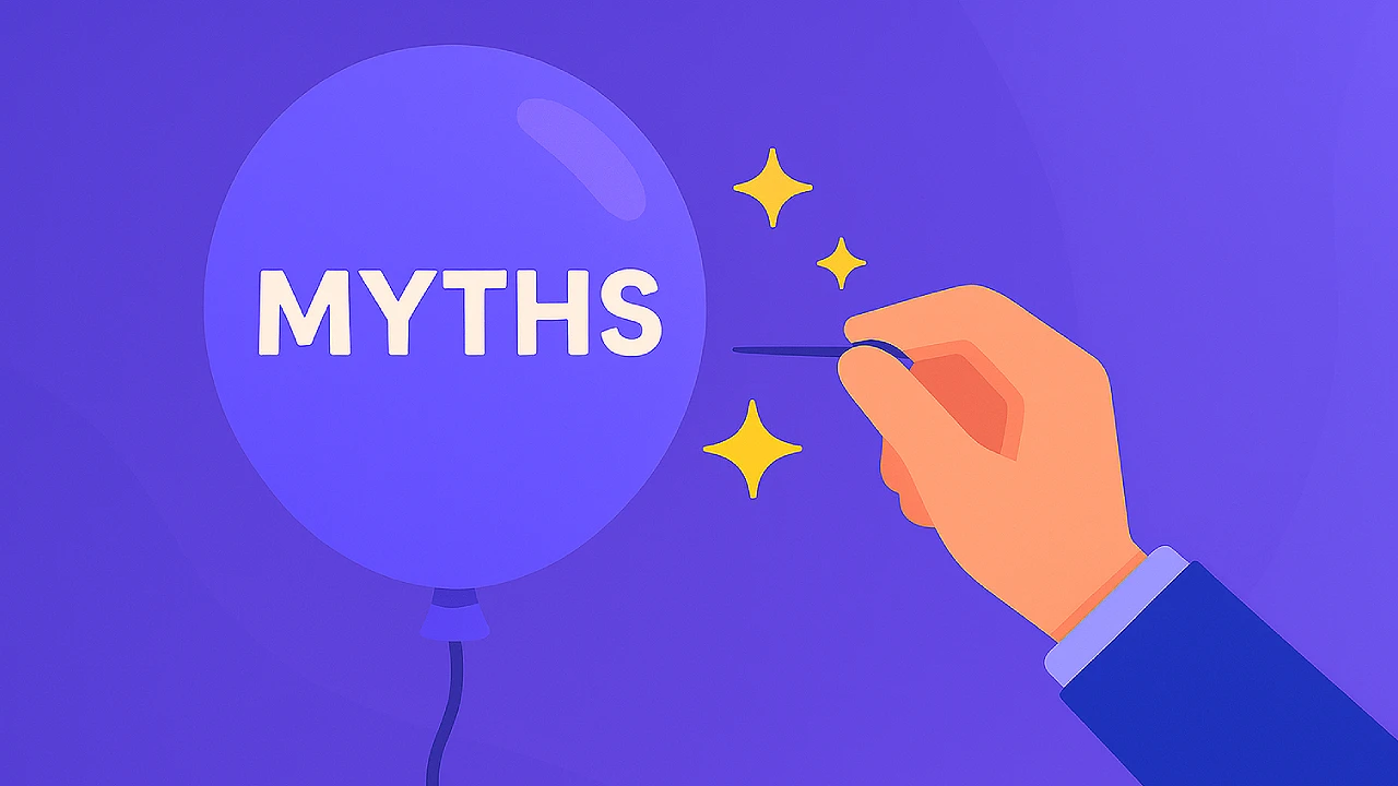 Illustration of a hand holding a pin about to pop a balloon labeled MYTHS, symbolizing busting common sweepstakes casino myths.