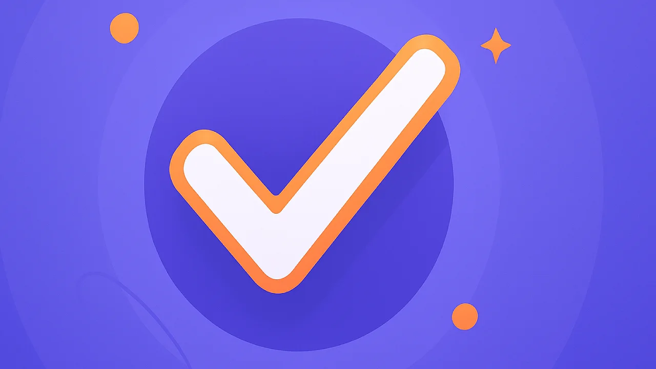 Large white checkmark with an orange outline on a purple circular background with small decorative dots and shapes.