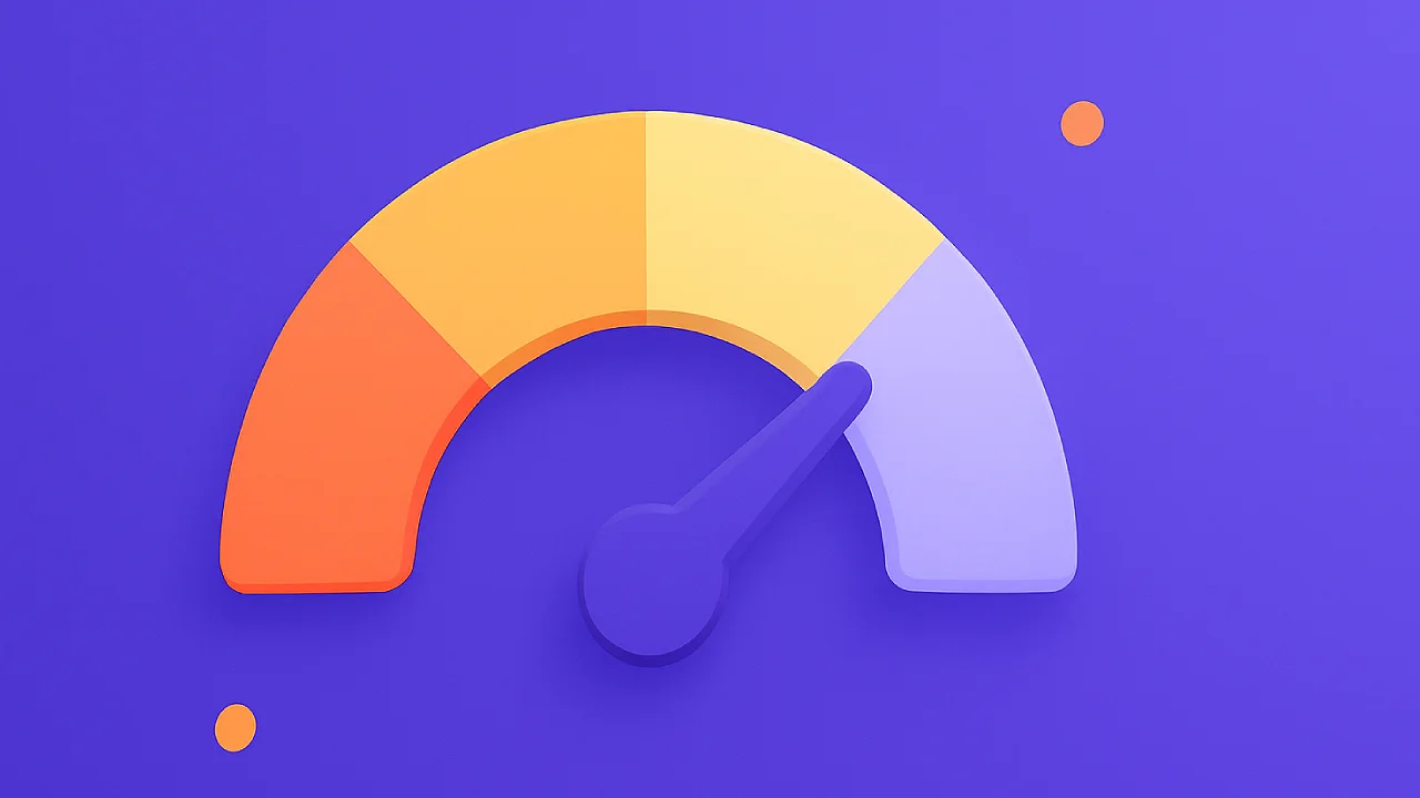Illustration of a multicolored gauge with a needle pointing to the right on a purple background, representing a high level or performance indicator.